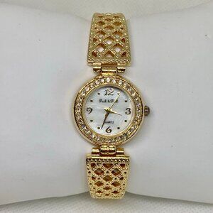 Peck & peck women gold tone watch 24mm round rhinestones quartz size 7” running